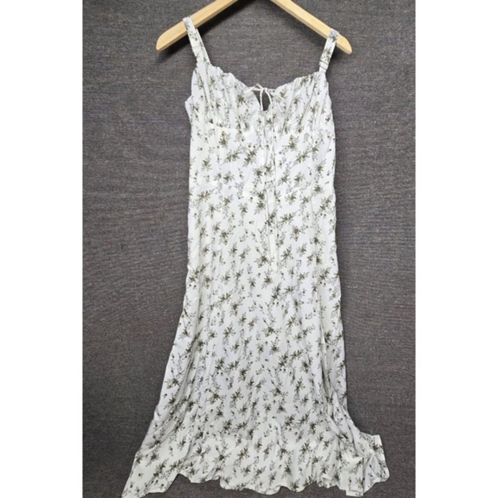 Parthea Floral Lace Up Back Midi Dress White Green Milkmaid Slit XL NWT